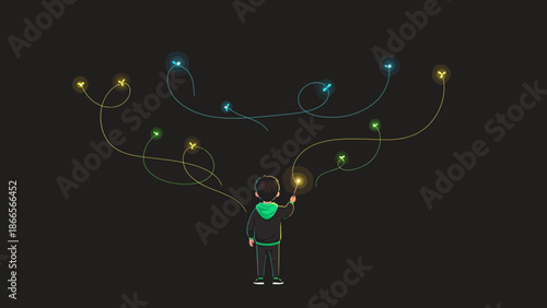 Boy Creating Magical Sparks With a Wand On A Dark Background Illustration