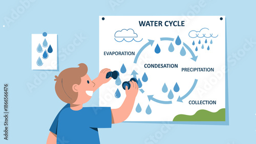 Boy Demonstrates Water Cycle Chart Education for Future Environmental Awareness