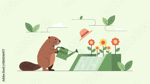 Beaver Gardener Watering Flowers During Sunny Day Flat Vector Illustration
