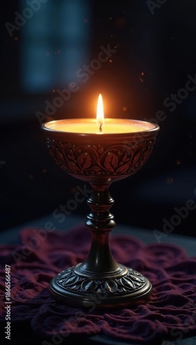 Flickering candlelight in ornate chalice, mystical glow , chalice, spiritual