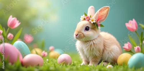 Fluffy bunny, floral crown, pastel egg, spring garden, fluffy, meadow
