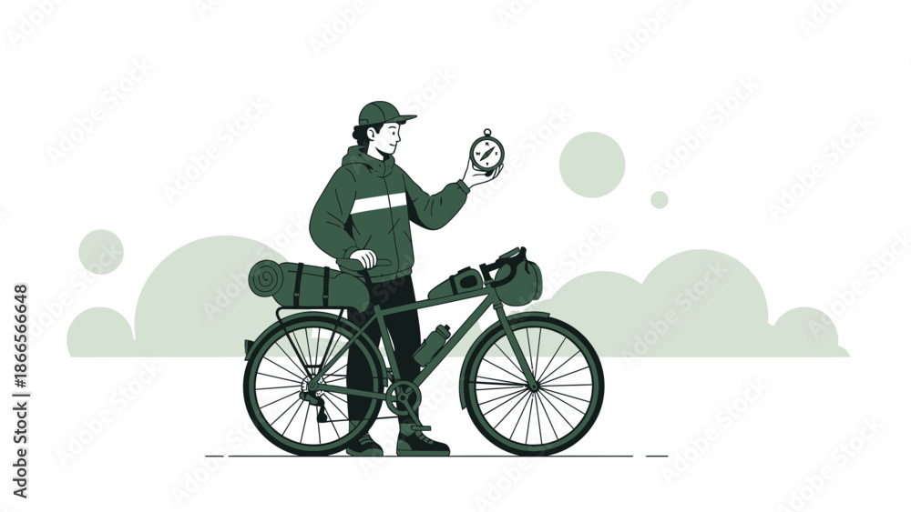 Fototapeta premium Bicycle Trip Navigation Illustration With a Cyclist Examining a Compass Direction