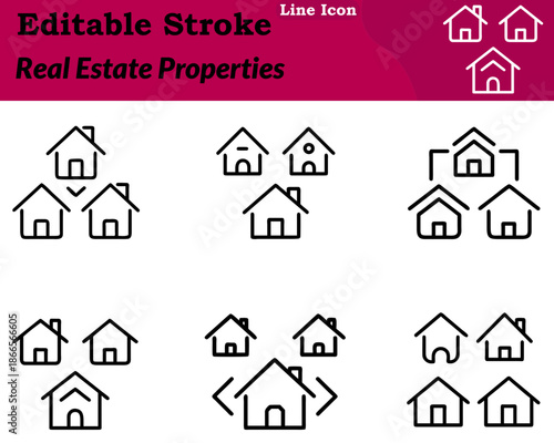 A minimalist real estate properties icon in a character style. illustrating residential houses and commercial buildings with clean rooftops window details.Smooth rounded outlines and balanced spacing.