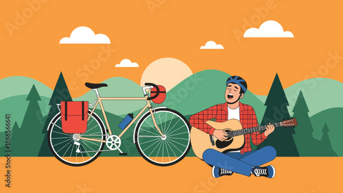 Bicycle Touring Adventure With Guitarist Enjoying Serene Outdoor Scene at Sunset