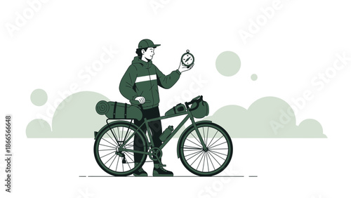 Bicycle Trip Navigation Illustration With a Cyclist Examining a Compass Direction