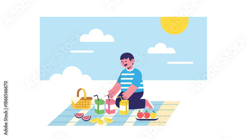 Boy Enjoying Picnic Under Bright Sky On Blanket With Fruits And Juice Boxes