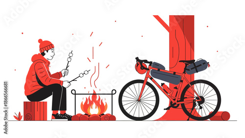 Bike Adventure With Campfire Under Starry Night In Forest Adventure