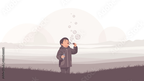 Boy Enjoying Simple Pleasures Blowing Bubbles Outdoors In Serene Environment