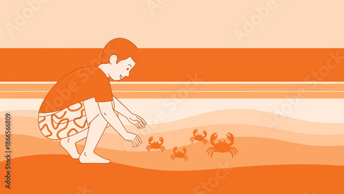 Boy Exploring Beach Discovering Crabs Flat Vector Illustration Happy Vacation Theme