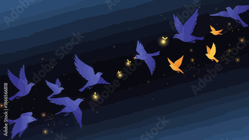 Birds Flight With Fireflies At Night Conceptual Art Creative Illustration