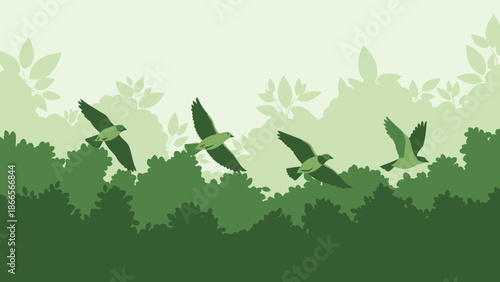 Birds Fly Over The Green Forest Illustration Minimalist Nature Background