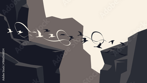 Birds Flying Freely Across Rocky Cliffs In Minimalist Style Illustration Art