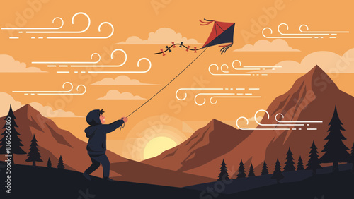 Boy Flying Kite Against Scenic Sunset Landscape With Mountains And Trees