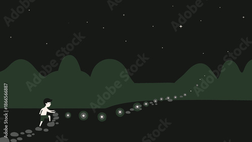Boy Following The Glowing Path At Night Under The Stars Illustration
