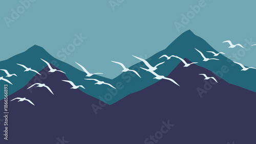 Birds Flying Over Mountain Peaks With a Light Blue Sky Background Landscape