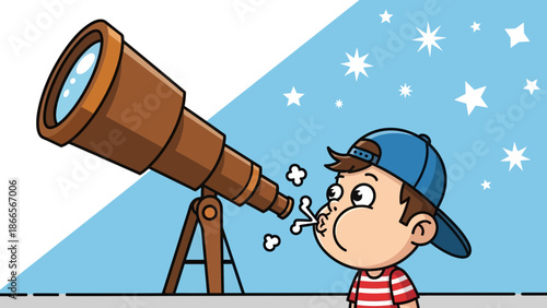 Boy Imagines Flying Through Space Telescope Observation Astronomy Future Exploration