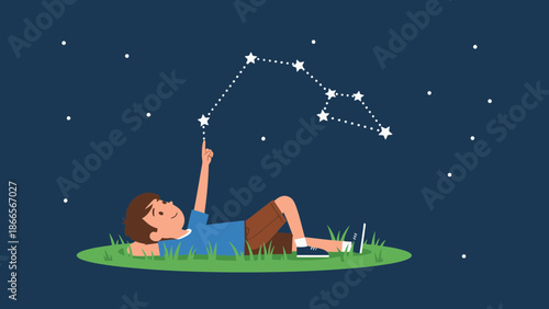 Boy Imagining Constellations Under Night Sky On The Grass Field Dream Concept