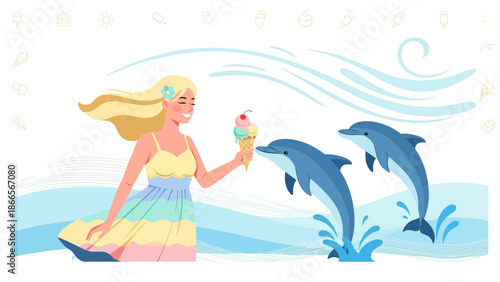 Blonde Woman Offering Ice Cream Cone To Leaping Dolphins In Ocean Landscape