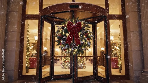 Festive Hotel Entrance Shines with Christmas Lights  Snowfall.