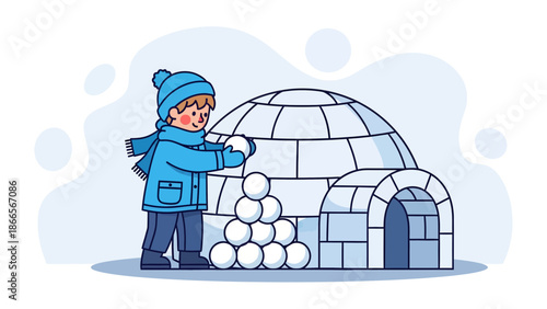 Boy In Winter Clothes Building An Igloo From Snowballs On White Background