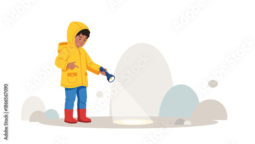 Boy In Yellow Coat Exploring With Flashlight In Nature Adventure Concept