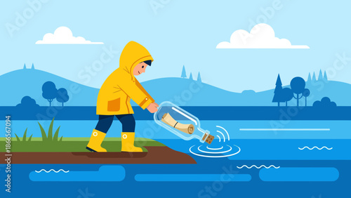 Boy In Yellow Coat Sending A Message In A Bottle Into The Water