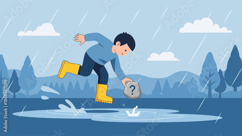 Boy In Yellow Boots Throwing Question Marked Rock Into Puddle On Rainy Day