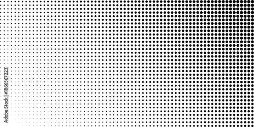 Background with faded halftone gradient effect. Black and white polka dot pattern. Wallpaper with grain, pixel or mosaic texture. Modern print. Comic page template. Vector graphic illustration.