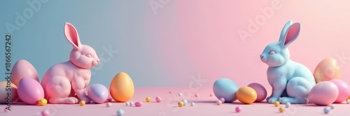 Geometric pastel eggs & bunnies on vibrant gradients, background, holiday, pattern