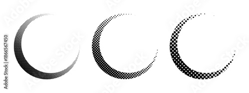 Set of crescent moon silhouettes with dotted halftone texture isolated on white background. Semicircle forms with noise, grain or mosaic effect. Simple design elements. Vector graphic illustration.