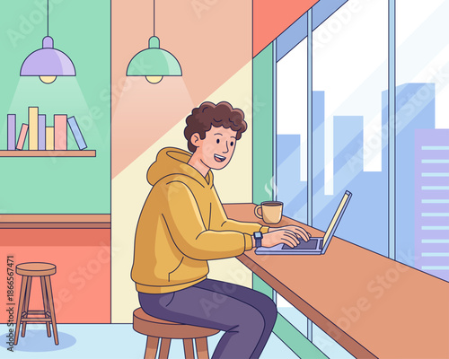 Young man in yellow hoodie working on laptop at cafe counter by window with city view, modern colorful interior with books and pendant lamps, freelance lifestyle flat vector illustration.