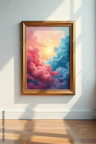 Gold frame on white wall, art opening display, simple, template