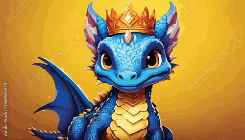 Adorable Blue Dragon Cub with Golden Crown - A Whimsical Fantasy Character.