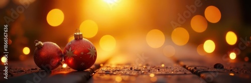 Golden hour bokeh lights blur, festive ornaments and warm glow , sparkle, christmas, atmosphere