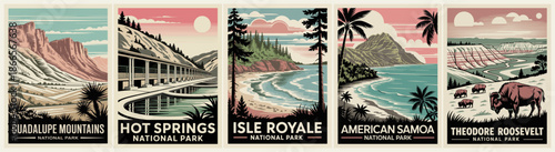 Retro art deco travel poster set featuring iconic U.S. national parks with bold silhouettes, pink and teal skies, and a cohesive vintage color palette.