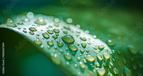 Serene macro green leaf with rain drops soft sunlight inspiring natural water droplets peaceful calmness purity botanical tropical paradise closeup lush plant background
