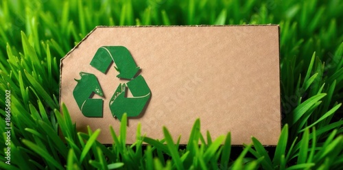 Green grass backdrop with textured cardboard recycling symbol , sustainable, green grass background, recycle
