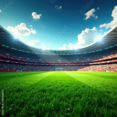Green grass playground inside rugby stadium, goal visible , venue, markings, bright