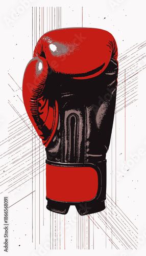 Vibrant Red and Black Boxing Glove Against Modern Geometric Line Art Background Showcasing Strength and Athleticism