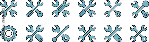 Collection of blue crossed wrench and gear icons in various styles for mechanical repair maintenance technical service and engineering tool branding