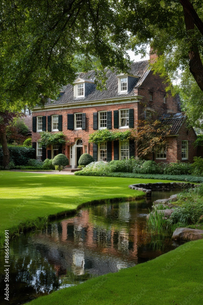 Obraz premium Nestled in a serene neighborhood, this stunning brick house is beautifully enveloped by lush trees and a gently flowing stream, creating a picturesque daytime scene