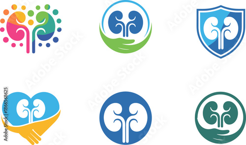 Creative Kidney Health Logo Collection Featuring Medical Renal Care Icons with Shield Heart and Hand Symbols for Nephrology and Dialysis Services