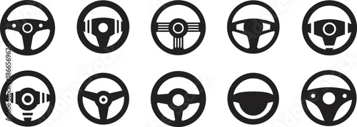 Set of ten black steering wheel icons in various styles for automotive industry vehicle controls driving navigation and car interior design