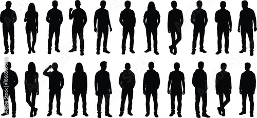 Silhouettes of standing people, male and female figures, diverse human poses, black crowd characters, business casual body language set