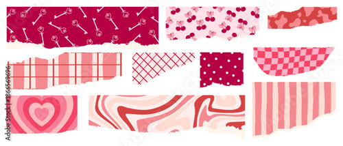 Valentine's Day  torn paper set. Groovy aesthetic ripped paper collage set with pink and red patterns including hearts, keys, cherries, stripes, and checkerboard