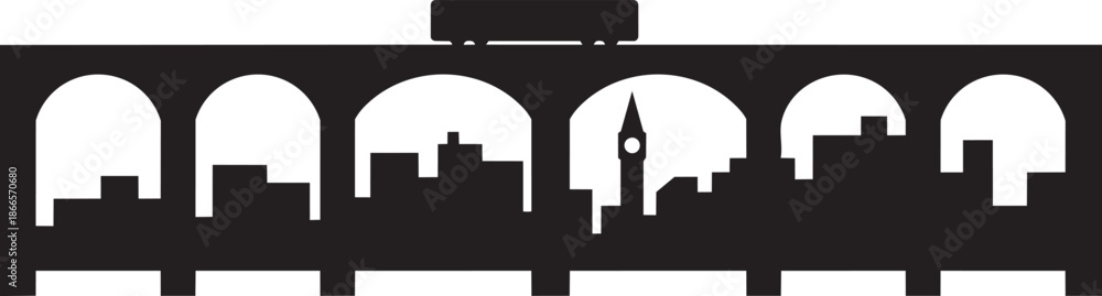 Obraz premium City skyline silhouette seen through arches of historic bridge vector illustration