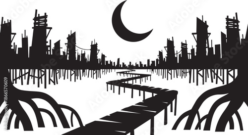 Apocalyptic cityscape silhouette overgrown mangrove roots moonlit swamp setting wooden boardwalk path