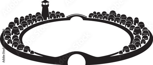Black silhouette frame design of circular ancient village with small dome houses and tower