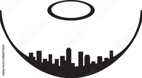 Black silhouette of urban skyline framed by abstract curved shape and circle symbol