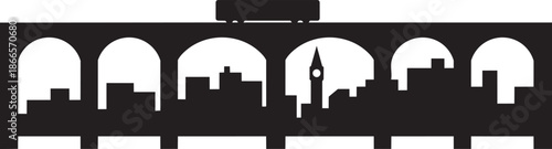 City skyline silhouette seen through arches of historic bridge vector illustration
